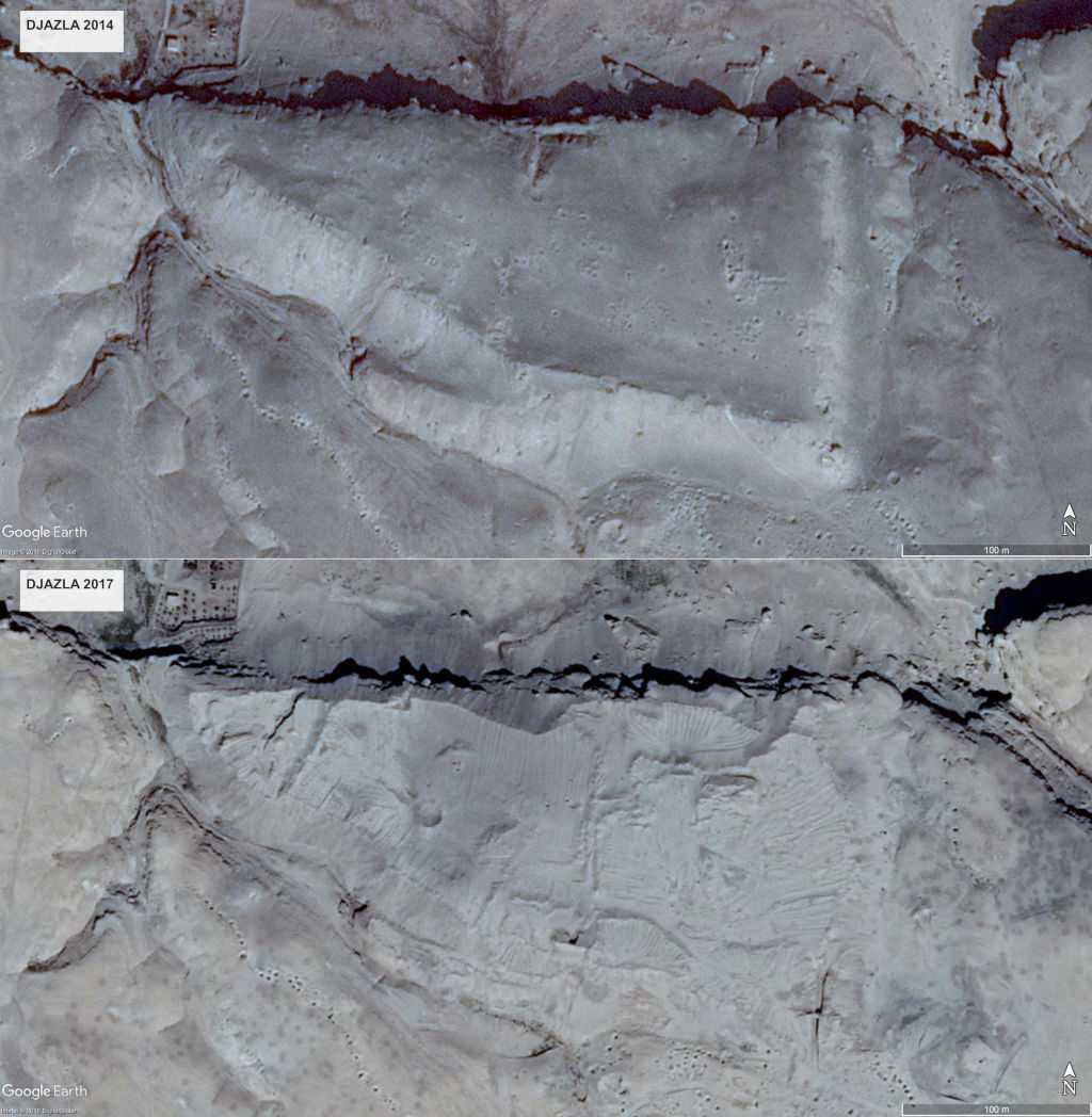 The #Seleucid &amp; #LateRoman #Euphrates fortress at Djazla, 43km SE of Raqqa in #Syria, was surveyed by Napoli in 1990. It looked much the same in February 2014, but by July 2015 (images 2014 &amp; 2017) its defences had been razed and its interior bulldozed. #Endangered #Archaeology