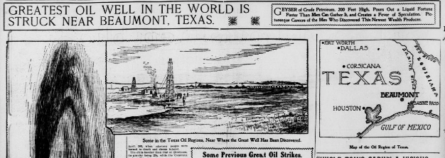 On this date in 1901, the first of the great Texas oil gushers was discovered in the Spindletop oil field just south of Beaumont. Read more in our historical newspaper archives: chroniclingamerica.loc.gov/lccn/sn8402027… #ChronAm #otd