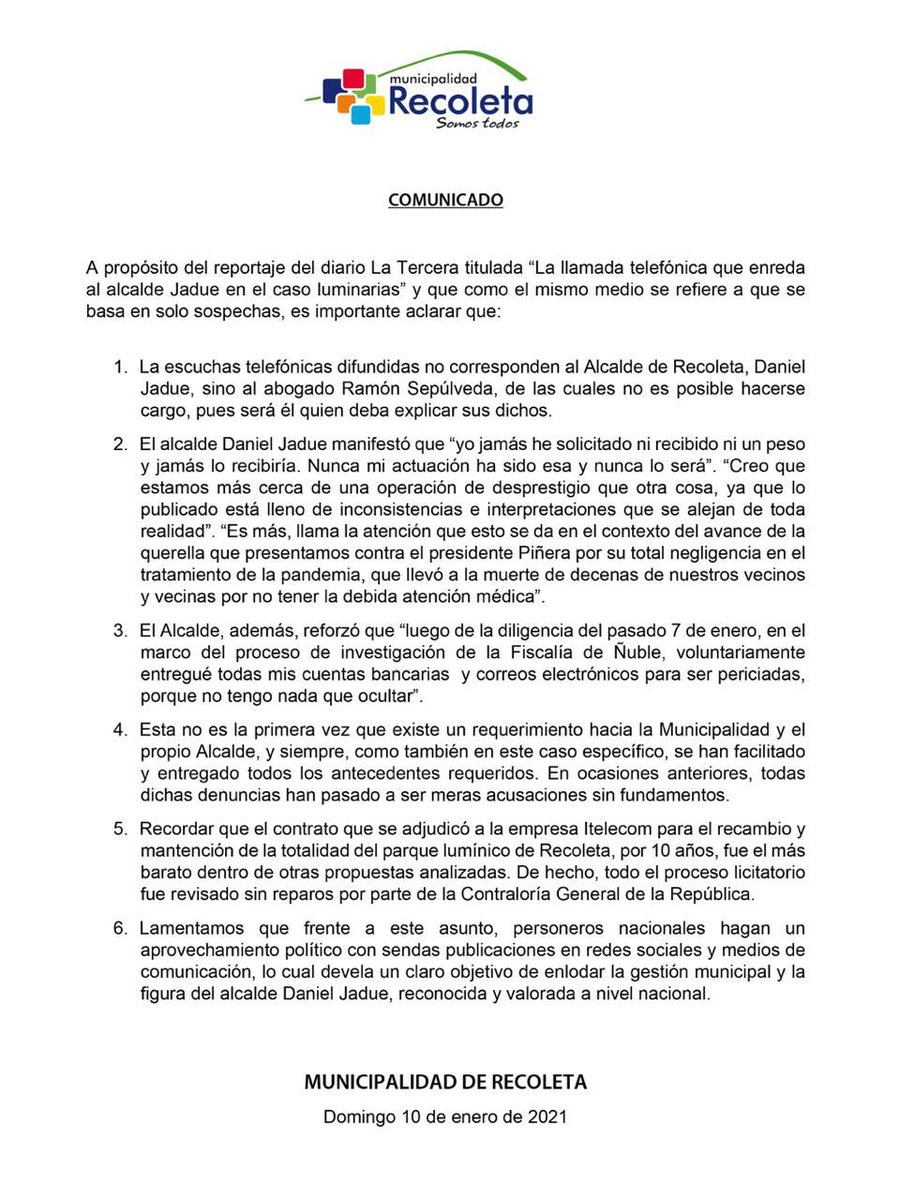 Muni_Recoleta's tweet photo. :COMUNICADO: ¡RT!
A propósito del reportaje del diario La Tercera, titulado “La llamada telefónica que enreda al alcalde Jadue en el caso luminarias” y que como el medio se refiere a que se basa en solo sospechas, es importante aclarar lo siguiente ⬇️⬇️⬇️ https://t.co/7nj35sAryF