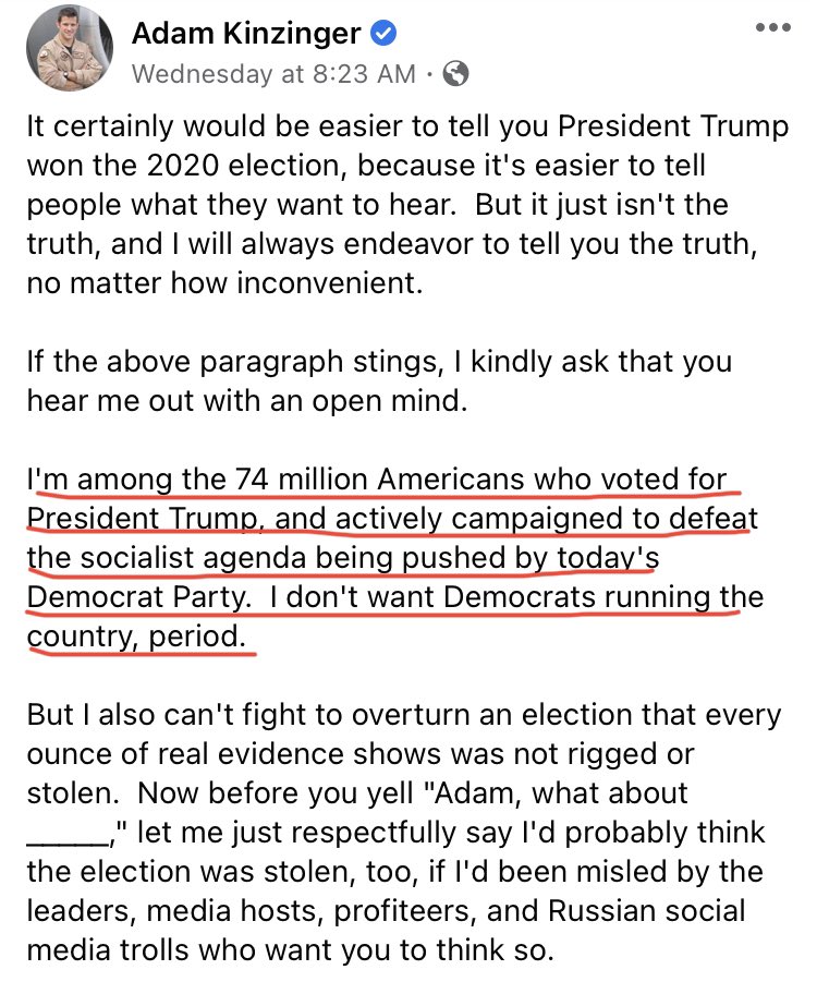 Then hours before the storming of the capitol  @repkinzinger reminded folks he trusted Trump enough to vote for him in Nov. Presumably to keep his base happy & ambitions alive, he tossed in “socialist agenda” rhetoric & reminded folks he doesn’t want Democrats running the country.