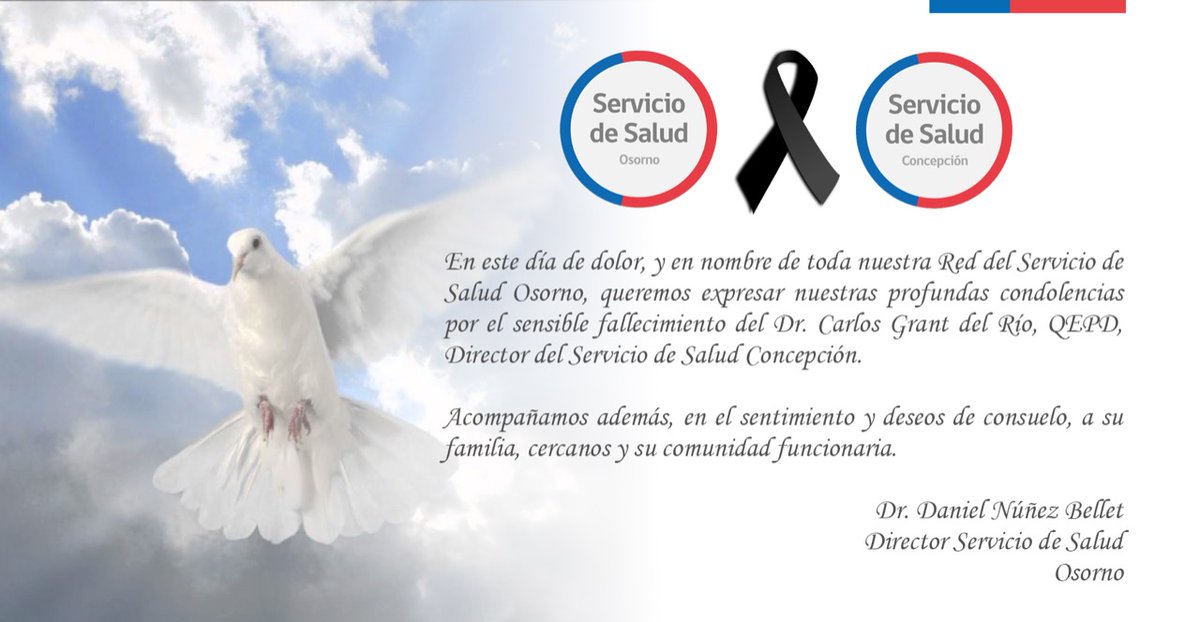 SSaludOsorno's tweet photo. Desde el Servicio de Salud Osorno adherimos al profundo pesar por el sensible fallecimiento del Dr. Carlos Grant del Río, Director de @servsaludconce. https://t.co/qDictaGHtT