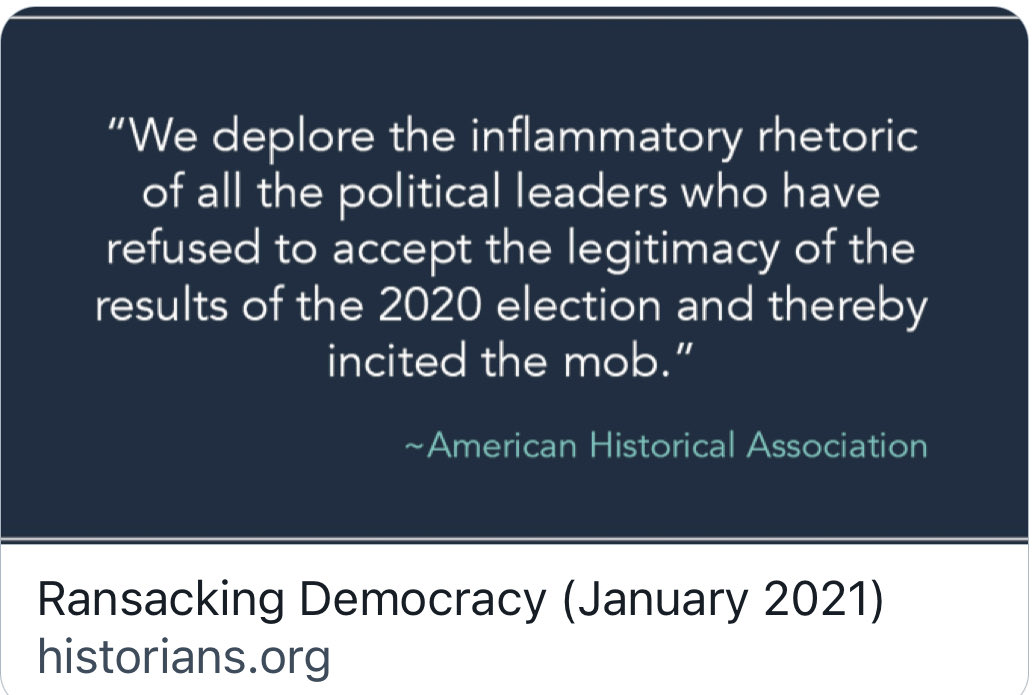 The American Historical Association  @AHAhistorians was clearer about dangers in a statement it issued on the 6 January failed insurrection at the  #CapitolBuilding and what it called the “ransacking democracy” in the US.  #twitterstorians https:// #USPolitics  https://twitter.com/ahahistorians/status/1347611280182550528?s=21