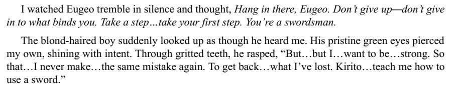 “His pristine green eyes pierced my own, shining with intent.”- V10:“The other boy’s eyelashes, the same color as his hair, fluttered and opened. His green eyes were dull at first, then blinked and crinkled into a weak smile.”(bonus Zakkaria LN yujikiri screenshot, it's cute)