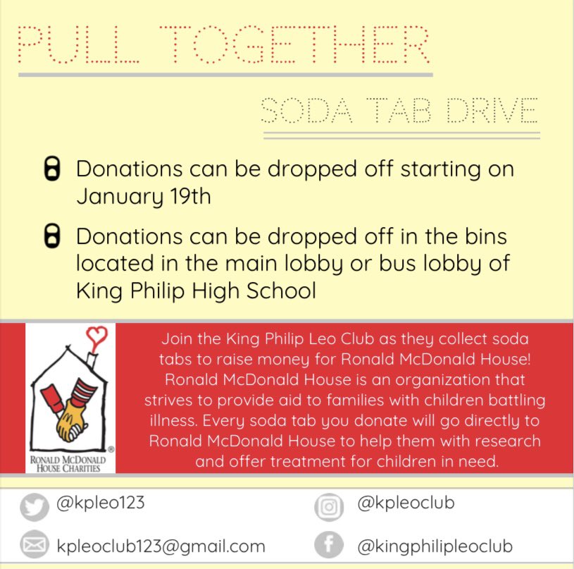 kpleo123's tweet photo. The “Pull Together” soda tab drive starts on January 19th! Start collecting tabs to help support the amazing mission of Ronald McDonald House! https://t.co/YjUVFrGrTJ