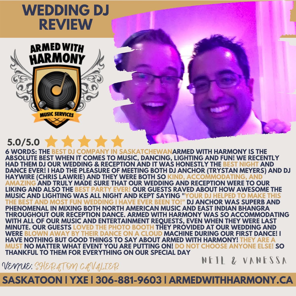 ArmedWitHarmony's tweet photo. Saskatoon Wedding DJ. Happy Couples 5 Star Reviews!
.
.
.
.
#saskatoondj #saskatoonweddingdj #yxedj #yxeweddingdj #yxe #saskatoon #saskatoonweddings #yxeweddings #saskatoonwedding #yxewedding #weddingdj #wedding #yxemusic #yxeevents #armedwithharmony https://t.co/W5M0j6JUUf