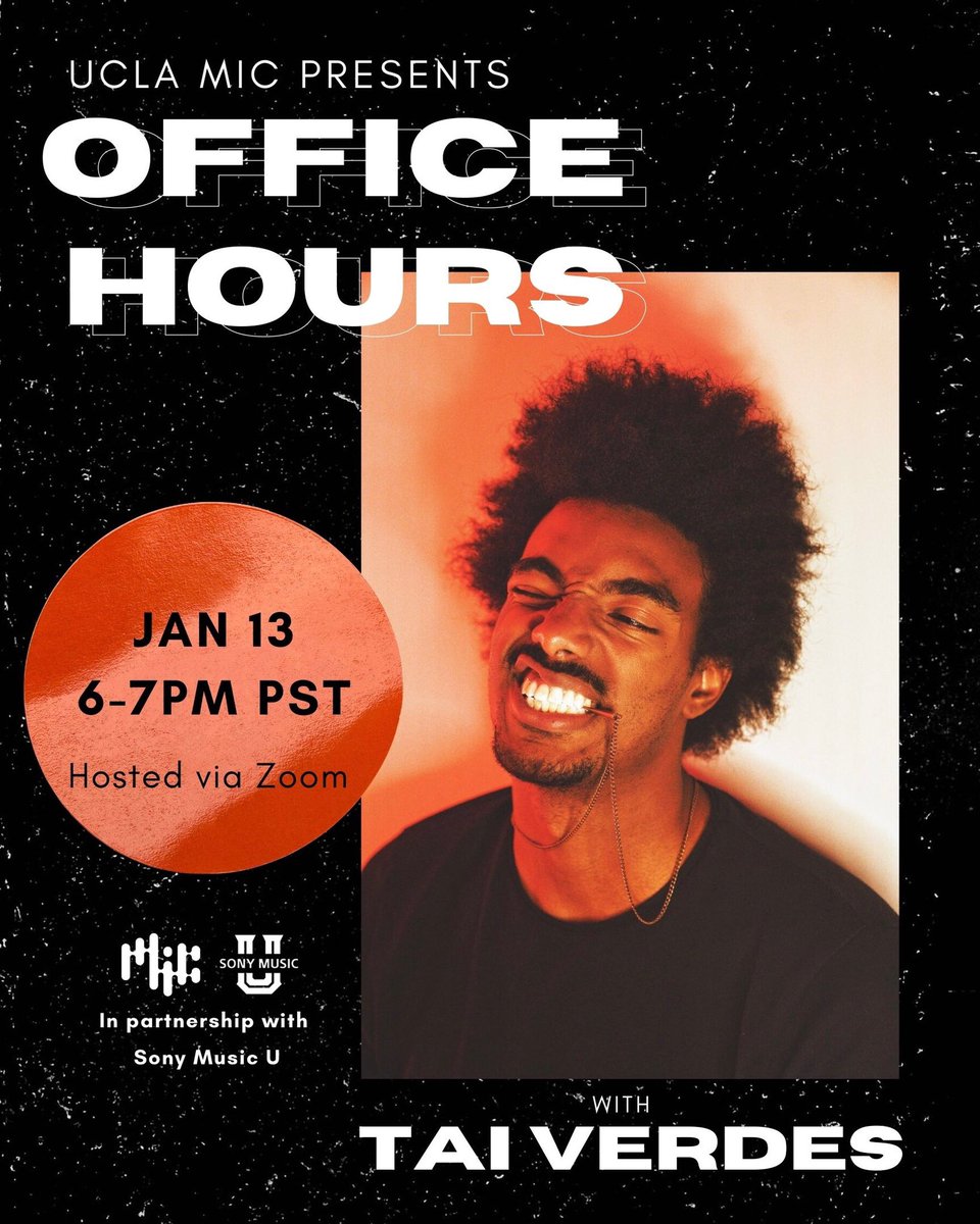 uclamic_'s tweet image. Hey everyone! We are so stoked to announce, in partnership with @SonyMusicU , our next installment of Office Hours is this Wednesday 1/13 at 6:00 pm PST with Tai Verdes! Click the link in our bio to come to this Q&amp;amp;A event with Tai! Can't wait to see you there!