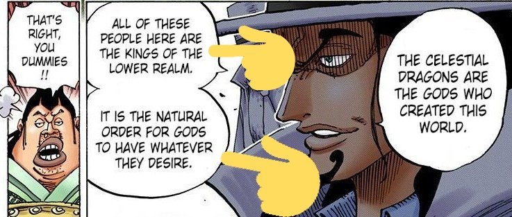 This is interesting bc Charloss tried EXACTLY THAT on Shirahoshi! Oda made us think shed get captured, but he had Vivi enslaved instead. In that scene, we get a reminder that these are LOWER KINGS and CAN be enslaved, 'set an example'. You know what other King was enslaved? Kuma!
