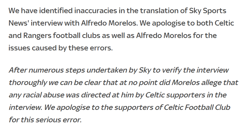 Speaking of complaints.Celtic complain to Sky Sports after an interview with Morelos is broadcast where the translation said Celtic fans were racist, when Morelos didn't say this. Sky are forced to issue an apology.Celtic declare this isn't enough and complain to Ofcom.