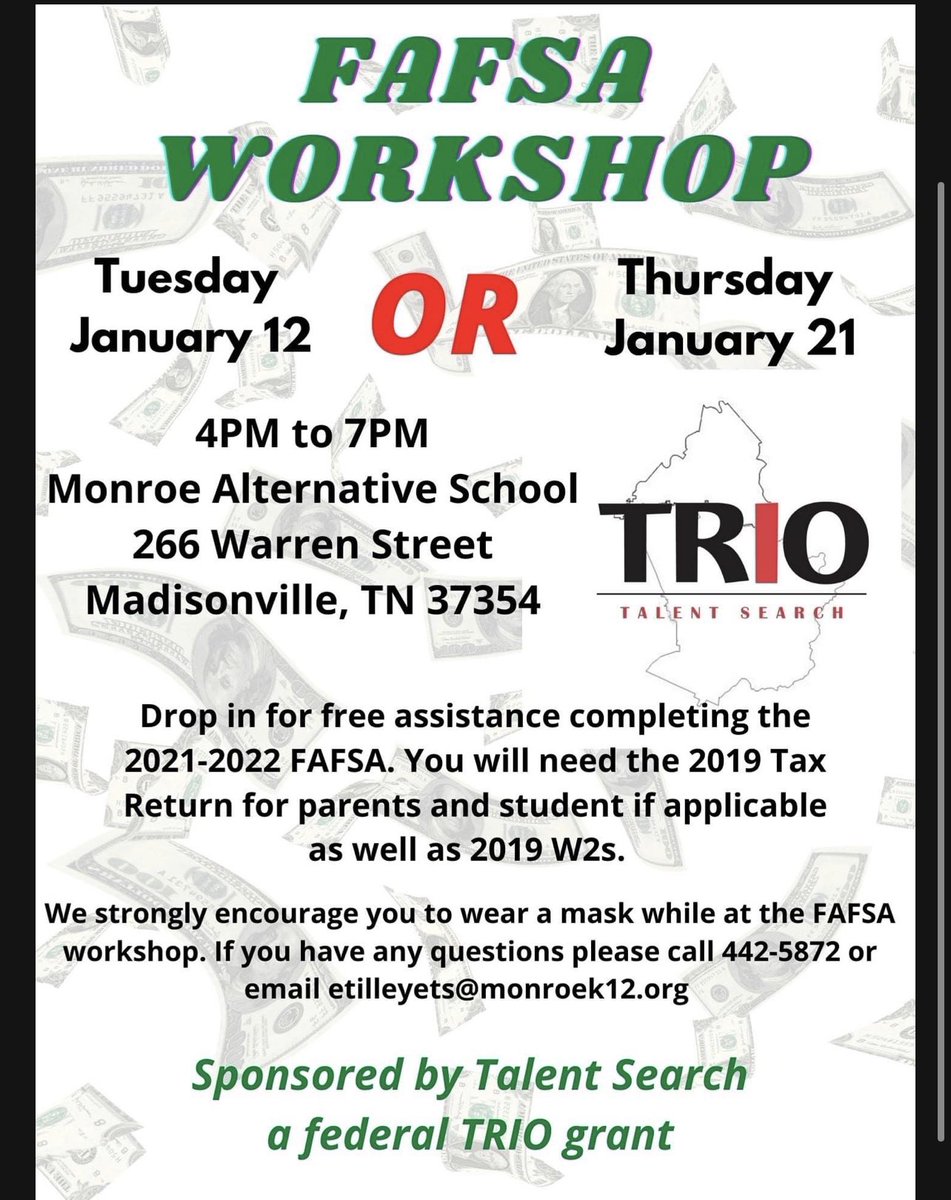 MonroeCountySc1's tweet image. A great opportunity for our Class of 2021!  Seniors and parents, you have to opportunities to take advantage of this and receive help completing your FAFSA.  We hope you will check out one of these sessions! #OneTeamOneMission #FAFSAHelp #TRIOPrograms