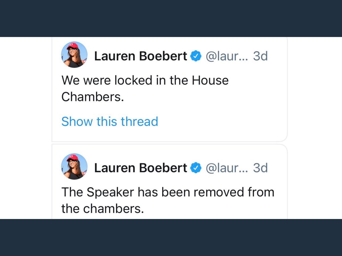 <a href="/laurenboebert/">Lauren Boebert</a> <a href="/FBI/">FBI</a>  please question this woman. While congressional reps were told NOT to broadcast their locations she was tweeting out this.