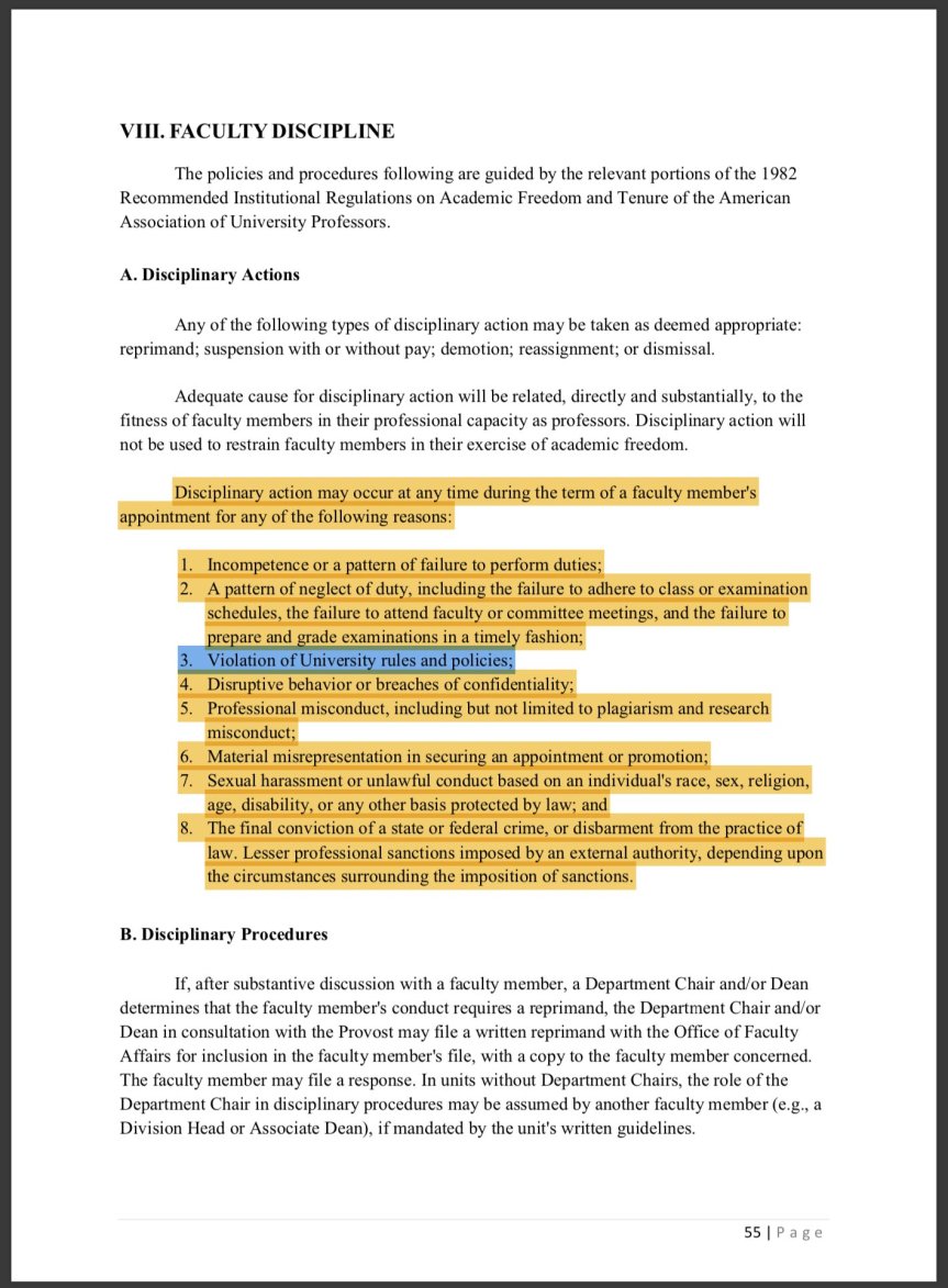 The Faculty Manual which Struppa says prevents him from firing Eastman in fact permits disciplinary action for violation of University policies, disruptive behavior, professional misconduct, and incompetence among other things.