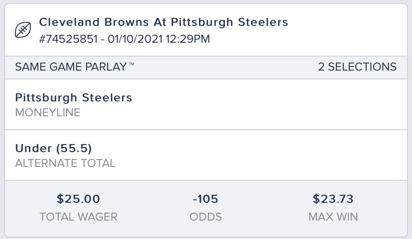 ParlaysLine's tweet image. Sorry I just like the Steelers today and I think the Browns will struggle without their HC. 

1u play — Steelers Ml/under 55.5

#AllBetSlipsPosted 

Let’s make some money today!