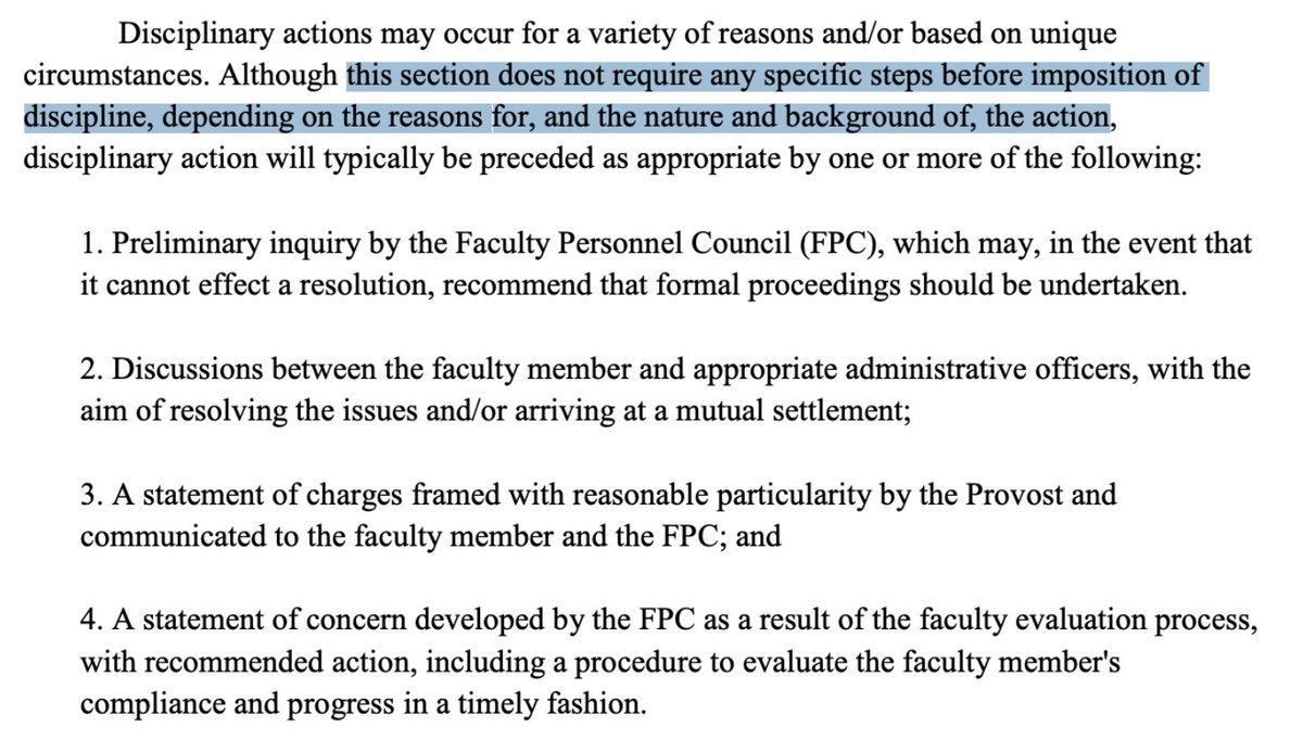 On the next page: “this section does not require any specific steps before imposition ofdiscipline, depending on the reasons for, and the nature and background of, the action.” Consider the nature and background of the action: incitement of an attempted coup on national TV.