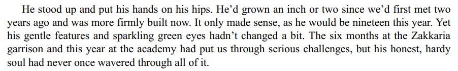 "He’d grown an inch or two since we’d first met twoyears ago and was more firmly built now." "Yethis gentle features and sparkling green eyes hadn’t changed a bit."Just wanna pause to say that Kirito boy is more than just obsessed with Eugeo's beautiful green eyes xD