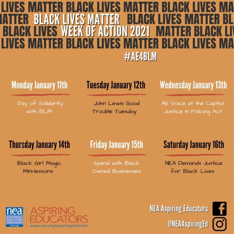 OHneweducators's tweet photo. This coming week is the Black Lives Matter Week of Action. Ohio's New Educators joins @NEAToday NEA Aspiring Educators in the work they’re doing and conversations they’re having this week and always. We invite you to join, too. #AE4BLM #BlackLivesMatterAtSchool https://t.co/ni7wzuH1Ou