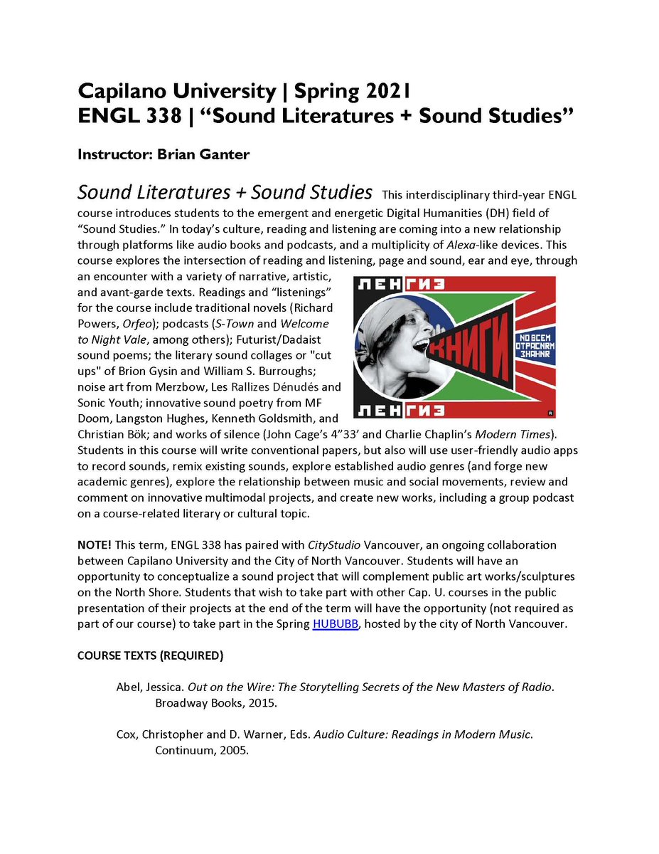 bganter's tweet photo. Spring 2021 Course ENGL 338 "Sound Literatures + Sound Studies" at Capilano U. English Dept. Please forward! #capu #soundstudies https://t.co/v5e1p44xhW