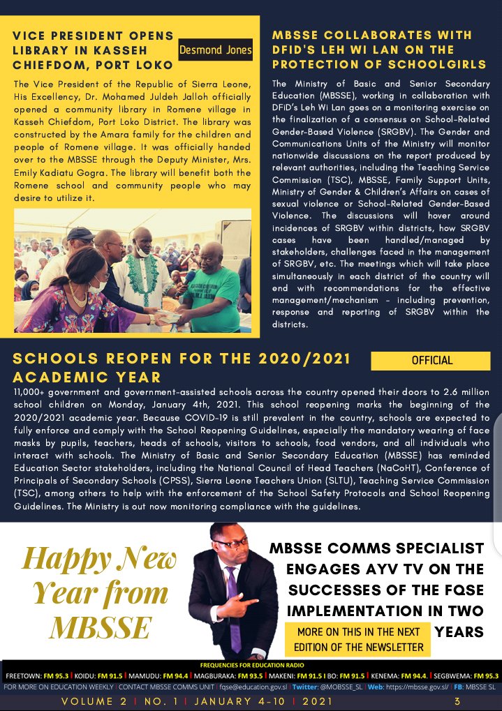 MBSSE Education Weekly for the Week of January 4-10, 2020 feat the reopening of schools for the 2020/2021 academic year, random Needs Assessment conducted by the National Program Coordinator of the FQSE, MBSSE protects schoolgirls, VP opens community library in Romene, plus more.