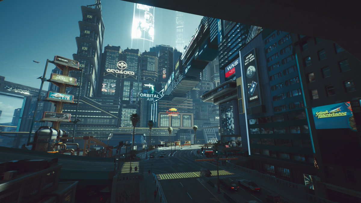 carefish's tweet photo. Coffee time at a pedestrian bridge. #Cyberpunk2077. Landscape #Shutterpunk2077 https://t.co/alTy3JJCba