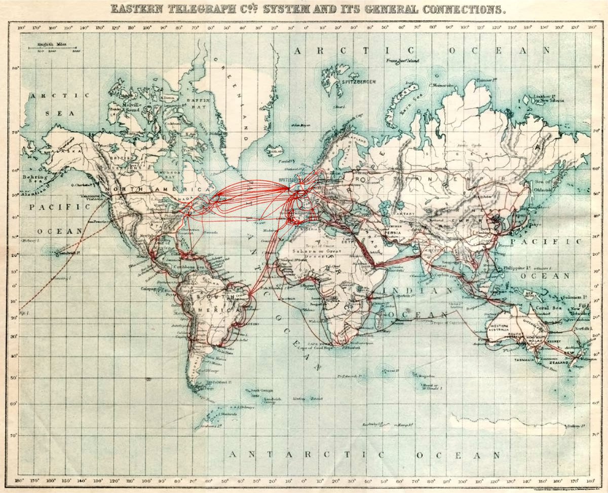 An incredible map of what the British (public & private enterprise) had accomplished by 1901. Considerable populations of the world have same-day communications to other corners of the world strengthening trade, security and governmental administration. 110s of 2nd order effects