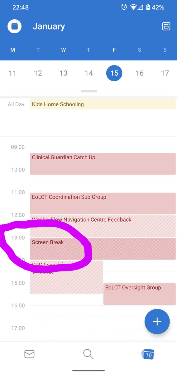 Test of Change - an attempt to block an hour off each day to step away from the screen. When multiple people have access to your diary and there are so many meetings going on it's hard to avoid back-to-back screen time. Let's see how this pans out 🤞#homeworking
