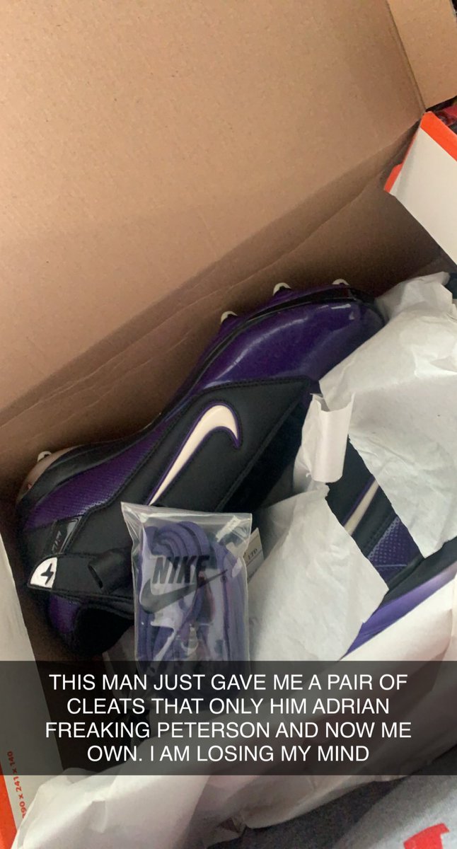 JoshkFletcher81's tweet photo. I just met @AdrianPeterson brother in law! And he really gave me a pair of cleats that were designed for AD I HAVE NEVER HAD A MORE EXCITING MOMENT IN MY LIFE! I AM LOSING MY MIND!  THIS IS AMAZING! https://t.co/QDDHxdha1i