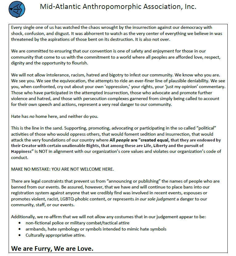midanthro's tweet photo. Please see our official formal re-affirmation to our community. This applies to @FurtheMore @furbque and any future MidAnthro events. 

Thank you for your continued support.

(pdf version available at https://t.co/DT4hKZIStt ) https://t.co/Zu3zw9QIUT