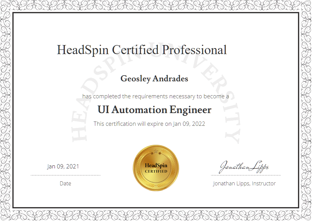 Geosley's tweet photo. Proud to be among the first @headspin_io  Certified Professional - UI #Automation Engineer. It's was an absolute honor to learn #appium from the Appium Master himself @jlipps.

Thankyou #HeadSpinUniversity for this well-crafted course and challenges.

#testing #softwaretesting https://t.co/ZvYRo9GV37