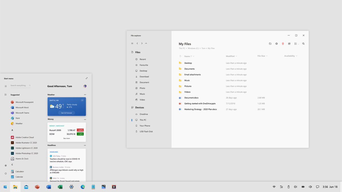 vastglad's tweet photo. #ProjectAcrylic I tried to integrate the new bar of news and weather into the Start menu. I also improved File explorer UI with new Fluent icons. 
@MicrosoftDesign @panos_panay @tomwarren @zacbowden @boxnwhisker @zeealeid @qrbt_ok @brandonleblanc https://t.co/7kS5OozNQK