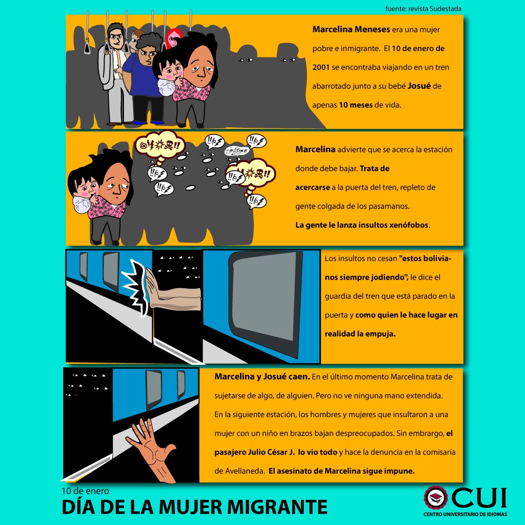 El 10 de enero de 2001 Marcelina Meneses y su hijo fueron arrojados del tren Roca. En su memoria se conmemora el #DíaDeLaMujerMigrante, para visibilizar la discriminación y luchar contra el racismo y la misoginia.

<a href="/CUI_oficial/">CUI oficial</a>