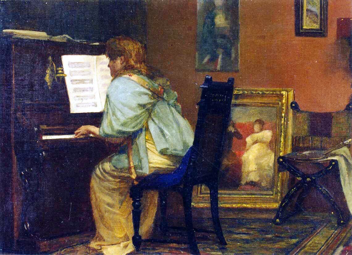Born in Belfast, he attended the Académie Julian (1870s). He returned & was associated with the Glasgow School. In 1888 he was chosen to depict the Queen & Glasgow Int’nl Exhibit. Pious Reflections (1879-80), a Lady Sewing (1881) A Conquest(1881) & Between the Sittings (1882)