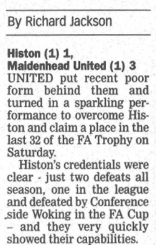 mufcberks's tweet photo. On this day @MUFCYorkRoad | a @Wisey999 brace helped Maidenhead to a 3-1 win at an up-and-coming @HistonFC side en route to a Quarter Final appearance in the #FATrophy https://t.co/pbI5dfFMov