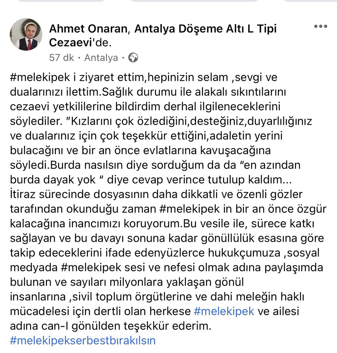 #melekipek dosyasında verilen hukuksuz tutuklama kararı devlet büyüklerimiz tarafından da fark edilip daha dikkatli incelenmesi ve hakikatın anlaşılması için tensip buyuracaklardır.#MelekİpekSerbestBırakılsın 
<a href="/abdulhamitgul/">Abdulhamit Gül</a> <a href="/suleymansoylu/">Süleyman Soylu</a>