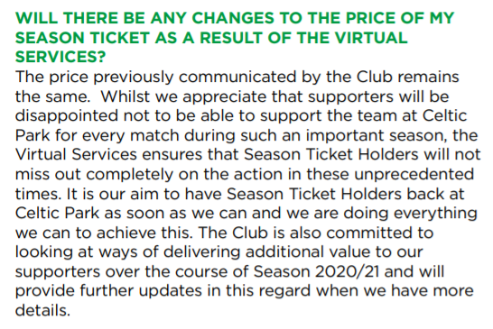 Celtic are continuing to push season ticket sales, as the deadline approaches. They admit that full capacities will not be possible, but keep the price the same, promising additional value and a stream for home games.A reminder: £11.3 million profit in 2019.