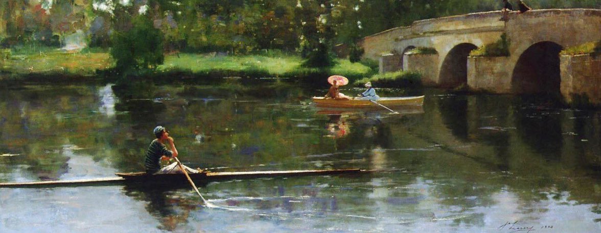 He moved to London & was influenced by Whistler’s ‘art for art’s sake’ aestheticism & became a society painter. In the 1880s he visited the artists’ colony at Grez. Bridge at Grez (1883-4), Hotel Chevillon, Grez (1883), La Laveuse & The Bridge at Grez (1883)