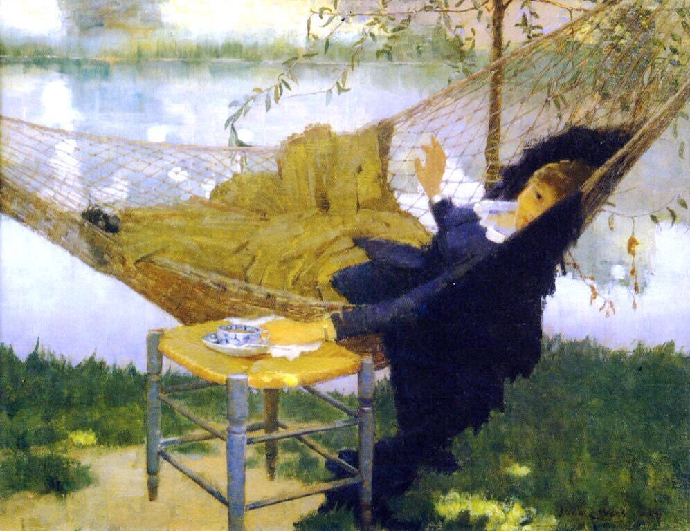 Exposure to French art & the bright colours of Impressionism led to a fresher more elegant style. Midsummer (1884), An Afternoon Chat (1884), On the Road to Fontainebleau (1884) & the Hammock (1884)