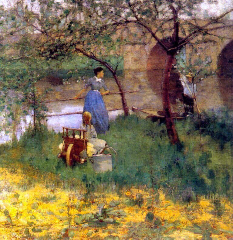 Exposure to French art & the bright colours of Impressionism led to a fresher more elegant style. Midsummer (1884), An Afternoon Chat (1884), On the Road to Fontainebleau (1884) & the Hammock (1884)