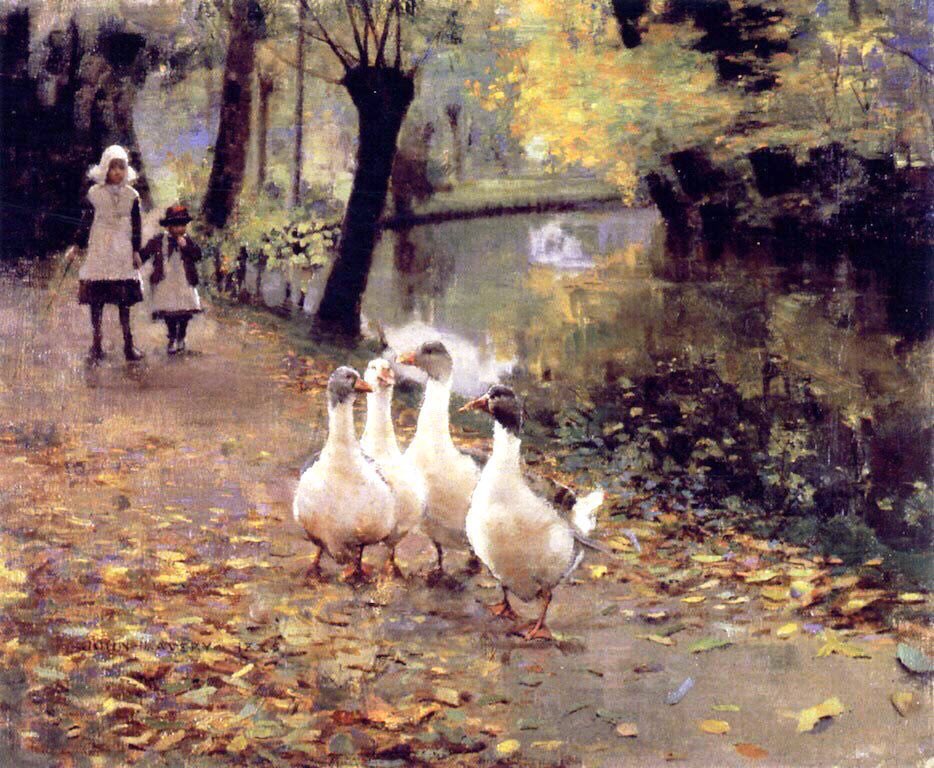 He was fascinated with light & creating stylish images. His work was similar to that of his friend John Singer Sargent. A Visitor (1885), Convalescent in an Orchard (1885), Goose Girls (1885) & Woman on a Safety Tricycle (1885)