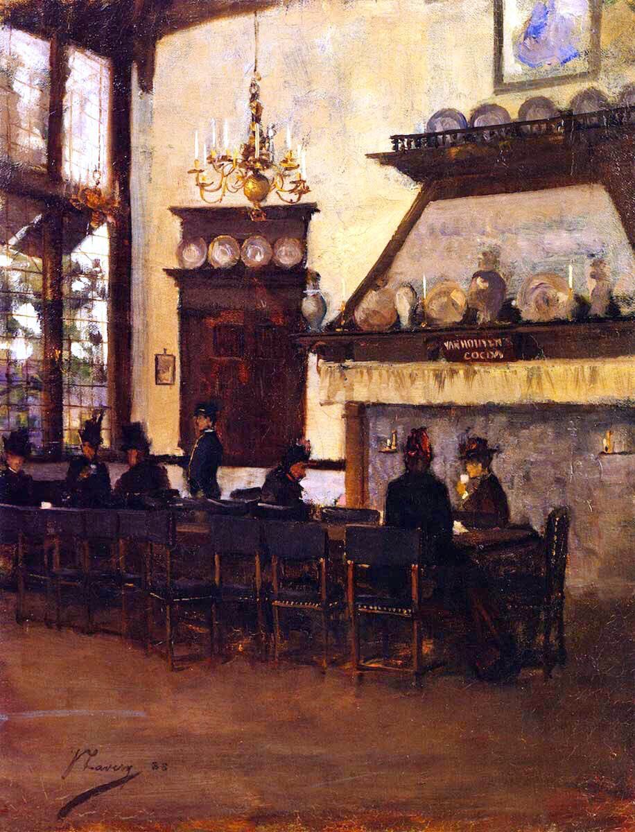 Most of his oeuvre was of portraits & pasttimes with mythology a rare subject. Ariadne (1886), the Bishops’ Castle (1888), the Dutch Coffee House(1888) & The Glasgow International Exhibition (1888)