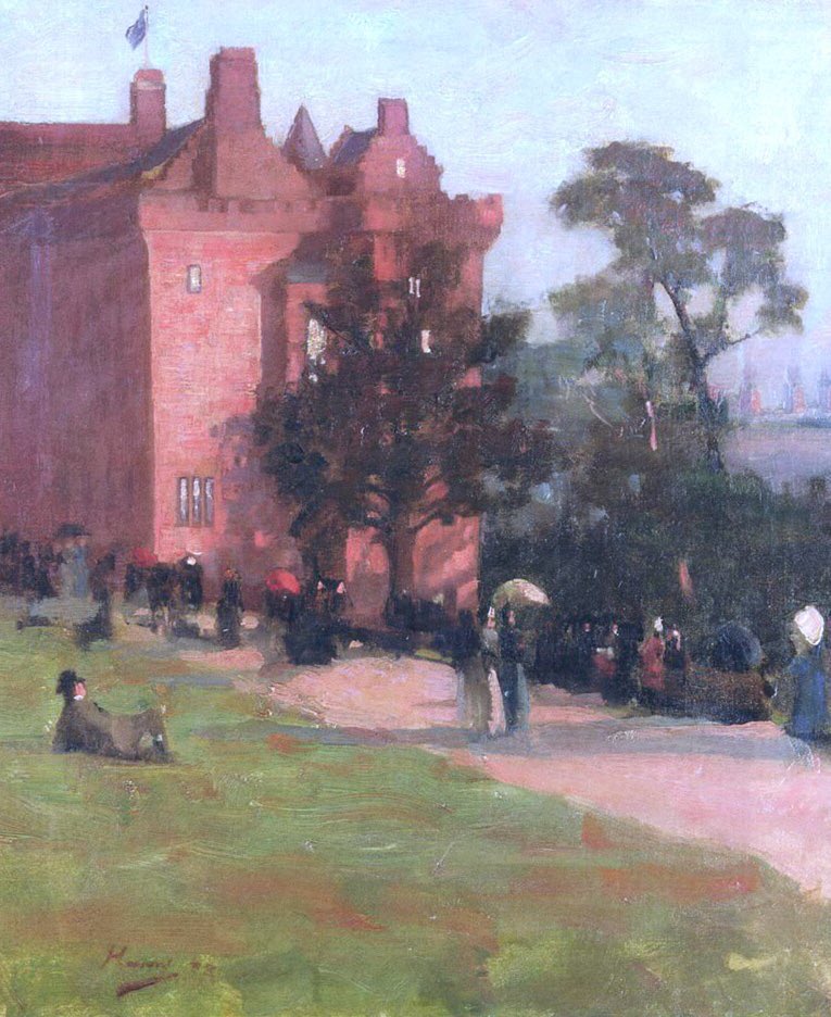 Most of his oeuvre was of portraits & pasttimes with mythology a rare subject. Ariadne (1886), the Bishops’ Castle (1888), the Dutch Coffee House(1888) & The Glasgow International Exhibition (1888)