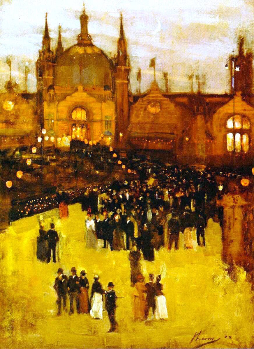 Most of his oeuvre was of portraits & pasttimes with mythology a rare subject. Ariadne (1886), the Bishops’ Castle (1888), the Dutch Coffee House(1888) & The Glasgow International Exhibition (1888)