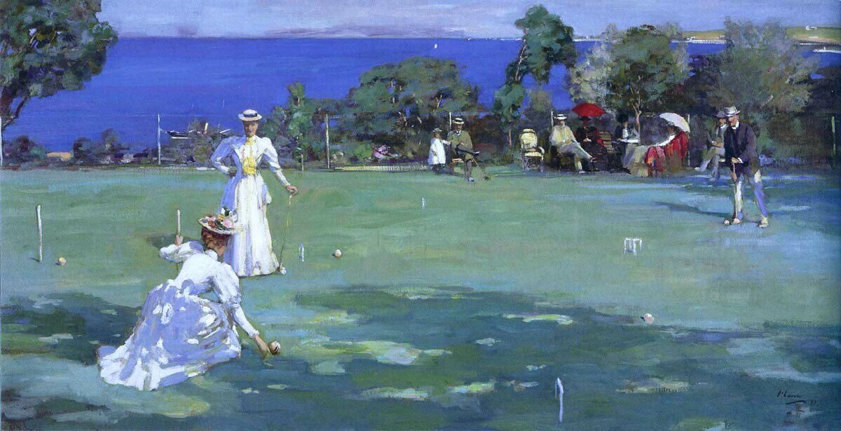 He took the French approach & applied it to the the English scene. Boating on the Thames (c1890s), The Croquet Party (1890), El Espada (1892) & the White City (1893)