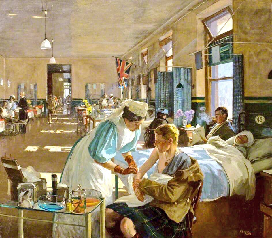 Lavery depicted the power & spectacle of the Allied forces. The First Wounded, London Hospital (1914), High Treason, the Trial of Roger Casement (1916), British Mine-Laying Submarines, Harwich (1917) & Embarking on the Western Front (c1917)