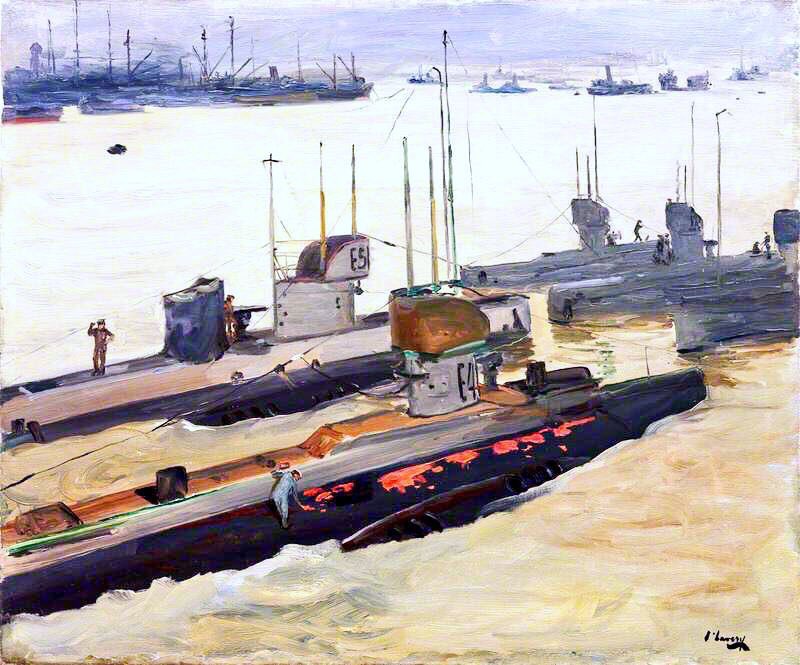 Lavery depicted the power & spectacle of the Allied forces. The First Wounded, London Hospital (1914), High Treason, the Trial of Roger Casement (1916), British Mine-Laying Submarines, Harwich (1917) & Embarking on the Western Front (c1917)