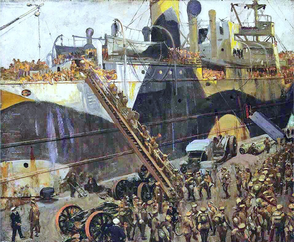 Lavery depicted the power & spectacle of the Allied forces. The First Wounded, London Hospital (1914), High Treason, the Trial of Roger Casement (1916), British Mine-Laying Submarines, Harwich (1917) & Embarking on the Western Front (c1917)