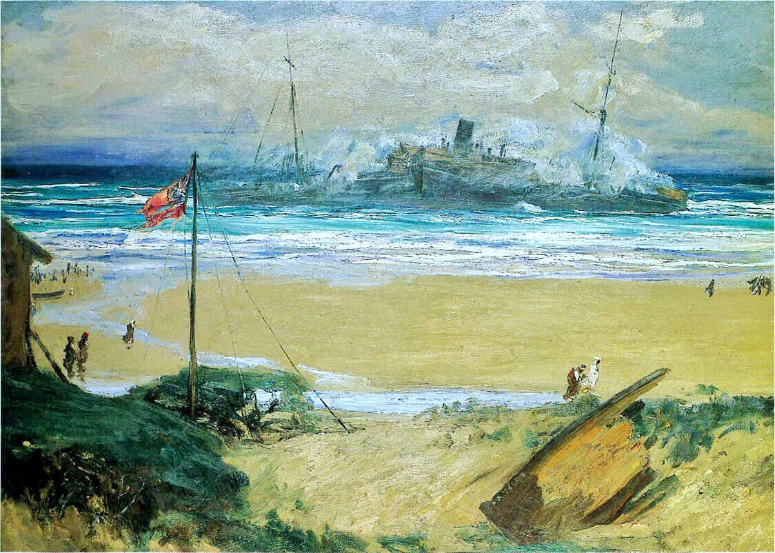 He was an official Great War artist but he was obliged to work from the home front due to injury. His first wife died in 1899. Hazel (1911), Wreck of SS Dehli (1912), Switzerland in Winter (1913) & the First Wounded At the London Hospital (1914)