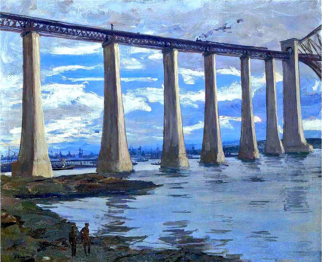 Unlike, for example, the German Expressionists he chose to paint images of strength rather than suffering. The Harbour At St Jean de Luz (1917), the Piers Forth Bridge (1917), the Skipper (1917) & American Troops Embarking, Southampton (1918)