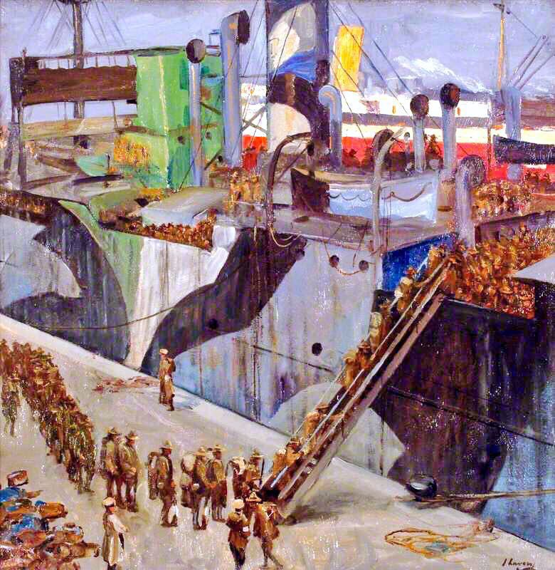 Unlike, for example, the German Expressionists he chose to paint images of strength rather than suffering. The Harbour At St Jean de Luz (1917), the Piers Forth Bridge (1917), the Skipper (1917) & American Troops Embarking, Southampton (1918)