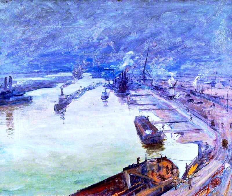In depicting the British Navy, Lavery was highlighting the strength of the Allies as well as a subject close to his heart as a Belfast man. Leith (1917), A Destroyer Base, Harwich (1917), Richborough in Fog (1917) & A Misty Day, Firth of Fourth (1917)