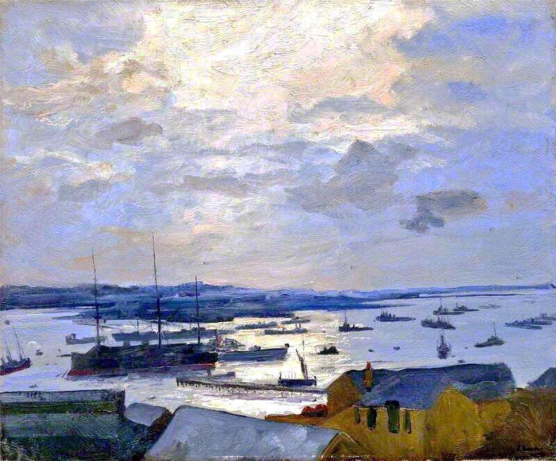 In depicting the British Navy, Lavery was highlighting the strength of the Allies as well as a subject close to his heart as a Belfast man. Leith (1917), A Destroyer Base, Harwich (1917), Richborough in Fog (1917) & A Misty Day, Firth of Fourth (1917)