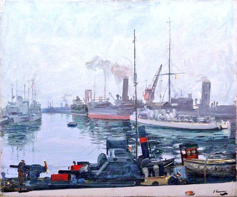 In depicting the British Navy, Lavery was highlighting the strength of the Allies as well as a subject close to his heart as a Belfast man. Leith (1917), A Destroyer Base, Harwich (1917), Richborough in Fog (1917) & A Misty Day, Firth of Fourth (1917)